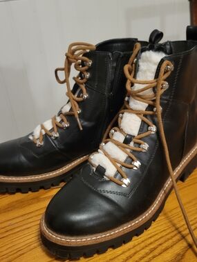 a new day Black Combat Boots with White Faux-Fur and Brown Laces Size 11